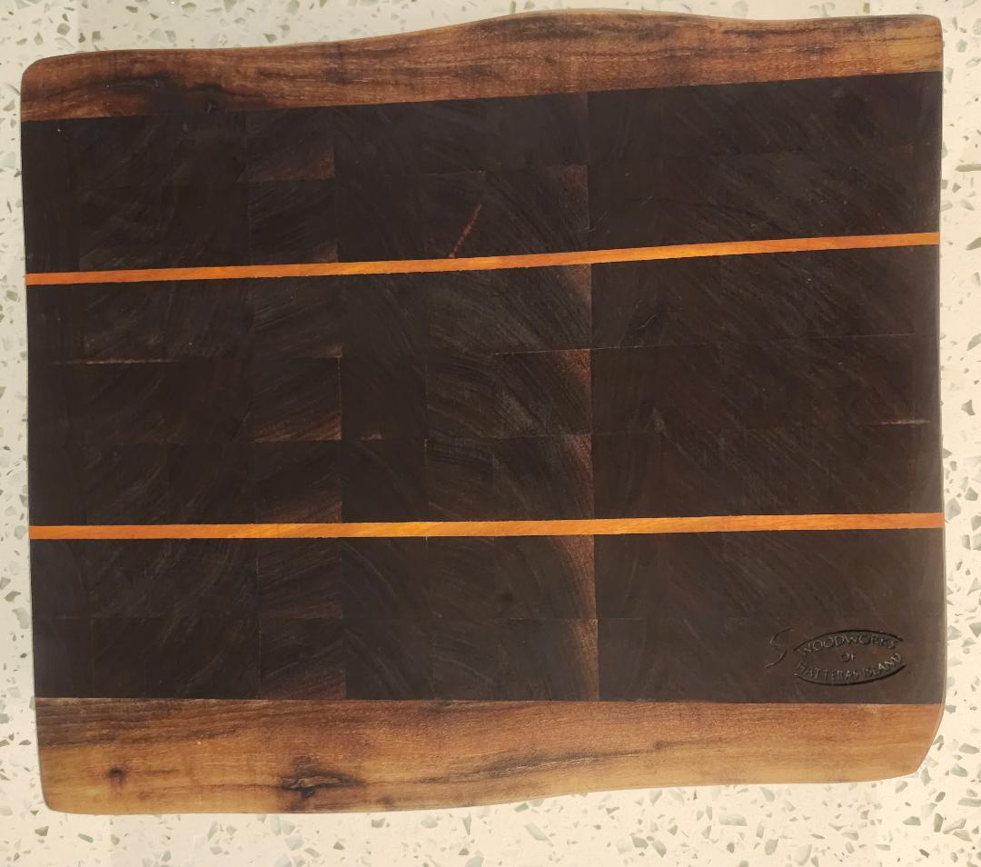 Handcrafted Black Walnut Butcher Block Cutting Board with Cherry Accent Strips & Live Edge