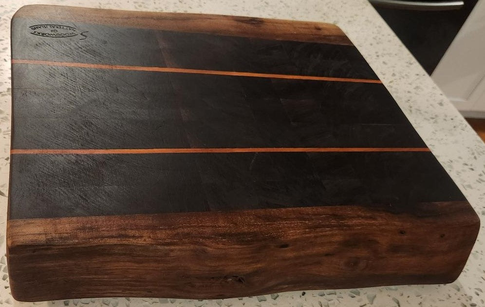 Handcrafted Black Walnut Butcher Block Cutting Board with Cherry Accent Strips & Live Edge
