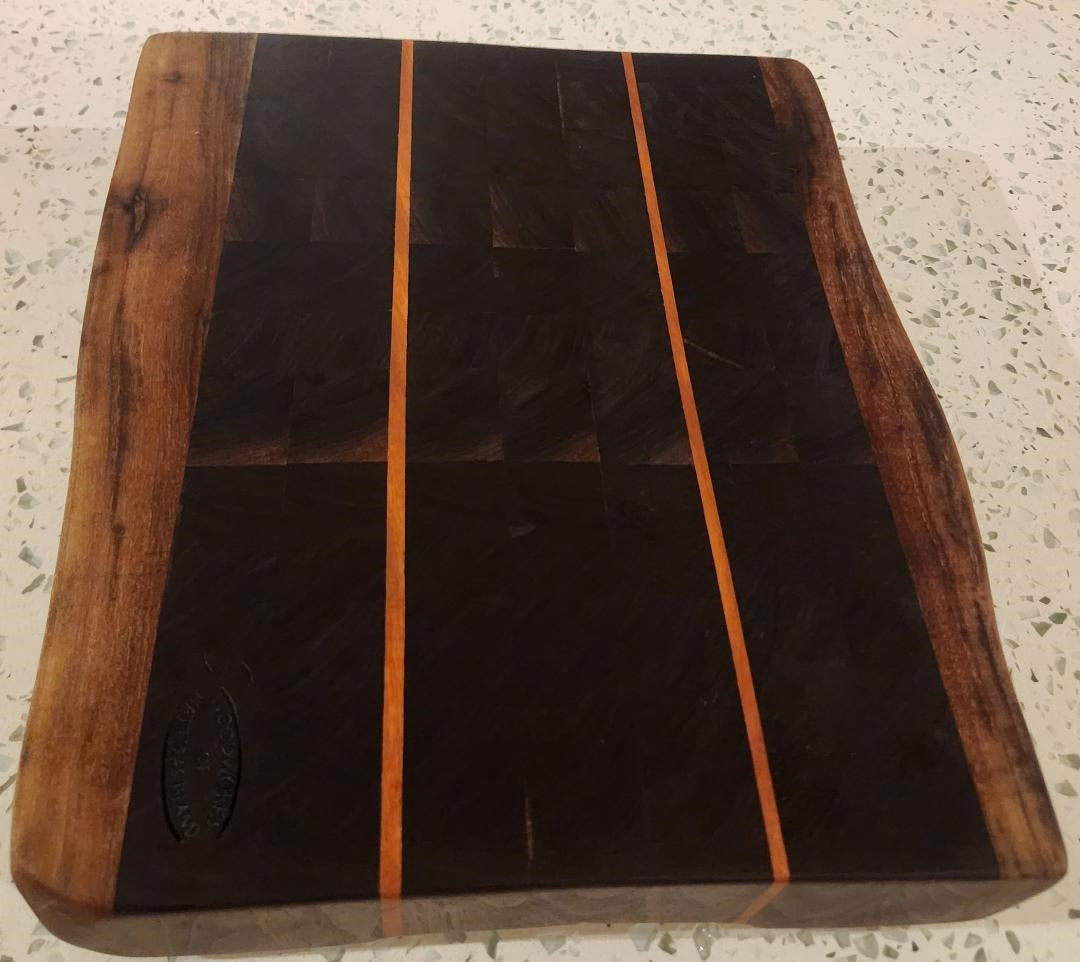 Handcrafted Black Walnut Butcher Block Cutting Board with Cherry Accent Strips & Live Edge