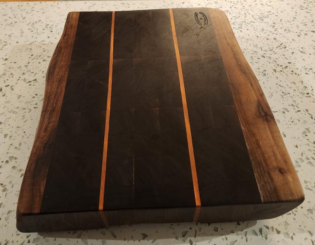 Handcrafted Black Walnut Butcher Block Cutting Board with Cherry Accent Strips & Live Edge