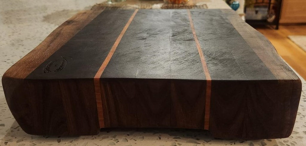 Handcrafted Black Walnut Butcher Block Cutting Board with Cherry Accent Strips & Live Edge