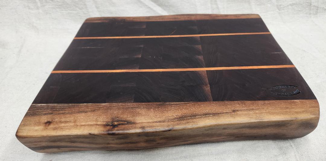 Handcrafted Black Walnut Butcher Block Cutting Board with Cherry Accent Strips & Live Edge