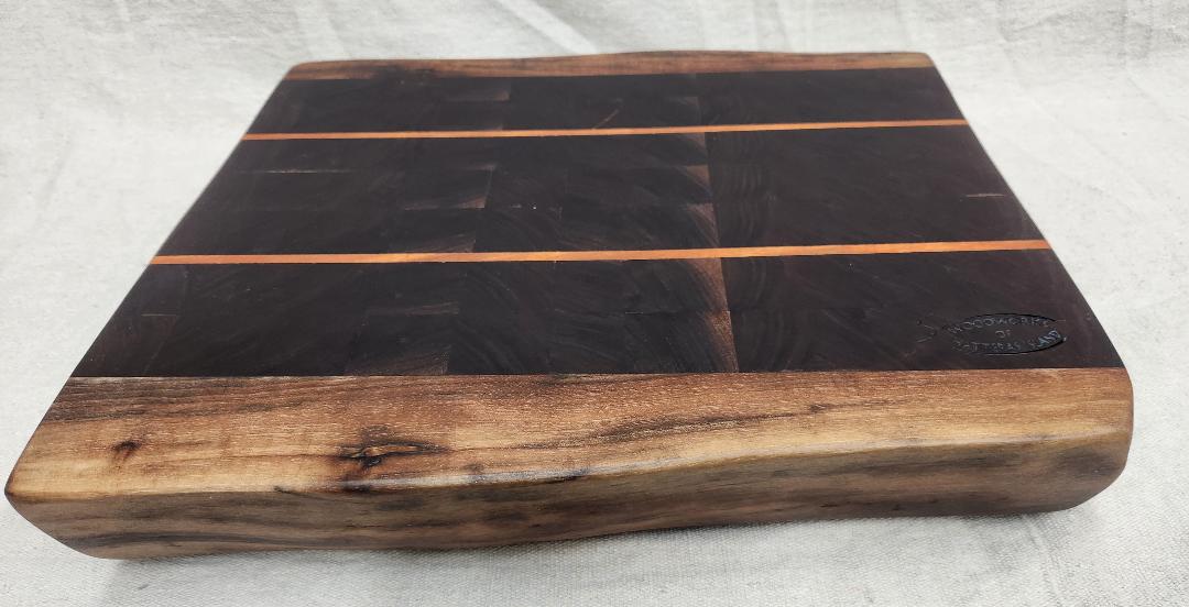 Handcrafted Black Walnut Butcher Block Cutting Board with Cherry Accent Strips & Live Edge