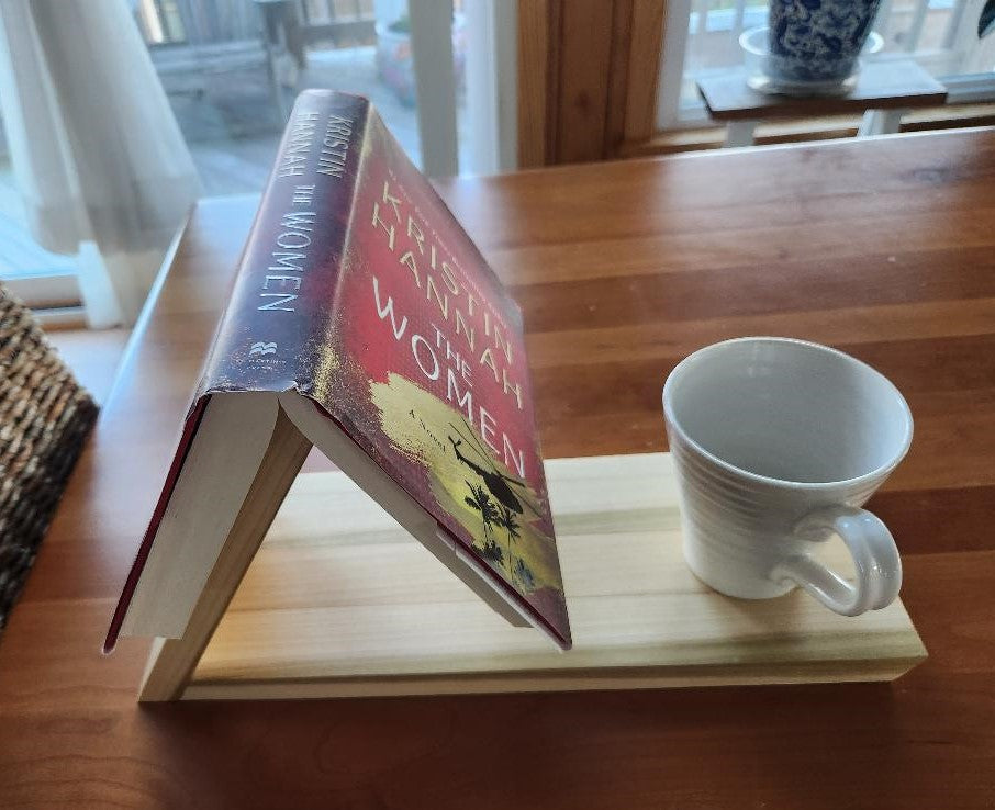 Poplar wood book caddy with space for a mug or small bowl. Handcrafted