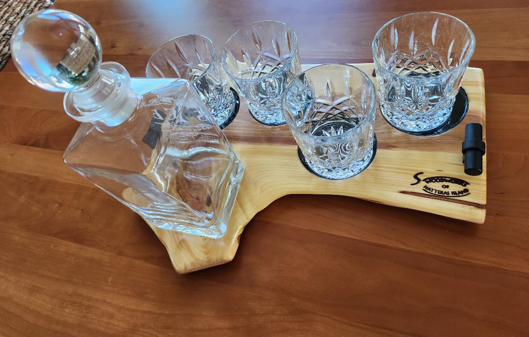 CUSTOM ORDER Live Edge Whiskey Board -4 Glass (Cypress)