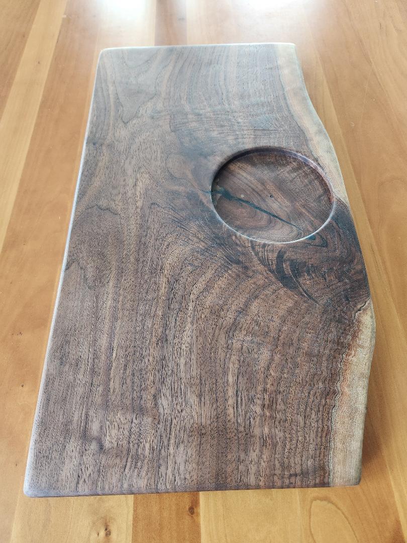 Black Walnut Appetizer Board with Live Edge & Hand-Carved Bowl