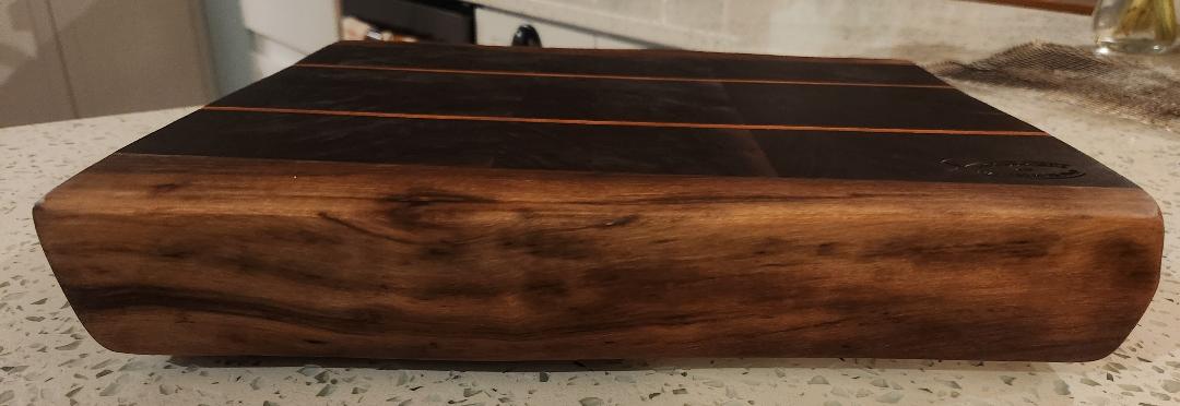 Handcrafted Black Walnut Butcher Block Cutting Board with Cherry Accent Strips & Live Edge
