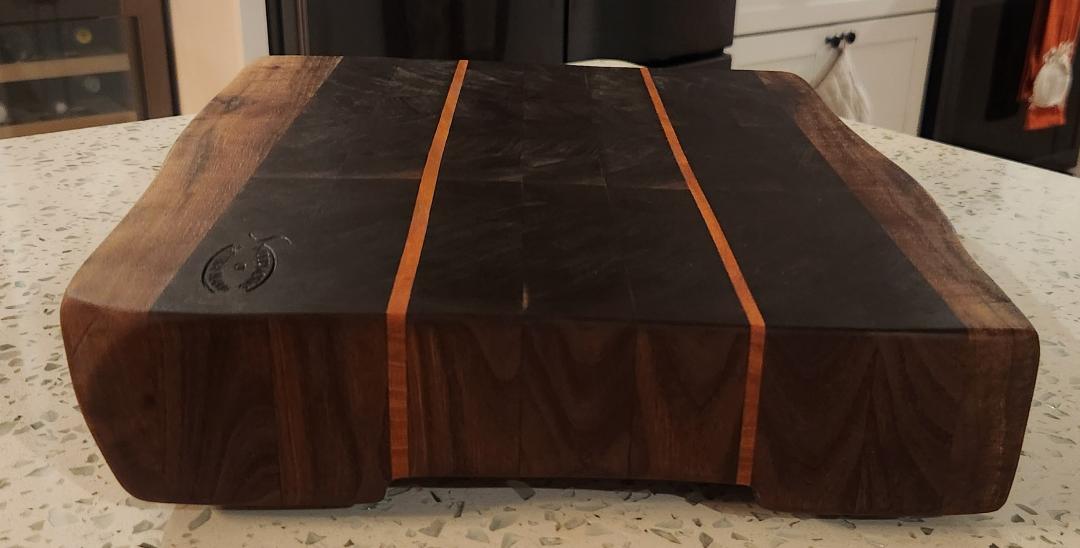 Handcrafted Black Walnut Butcher Block Cutting Board with Cherry Accent Strips & Live Edge