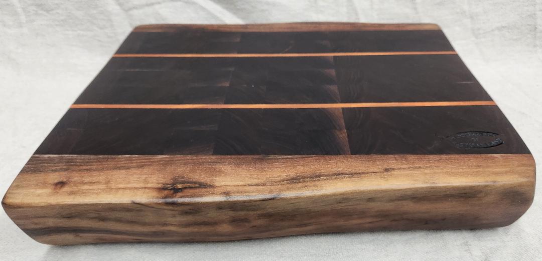 Handcrafted Black Walnut Butcher Block Cutting Board with Cherry Accent Strips & Live Edge