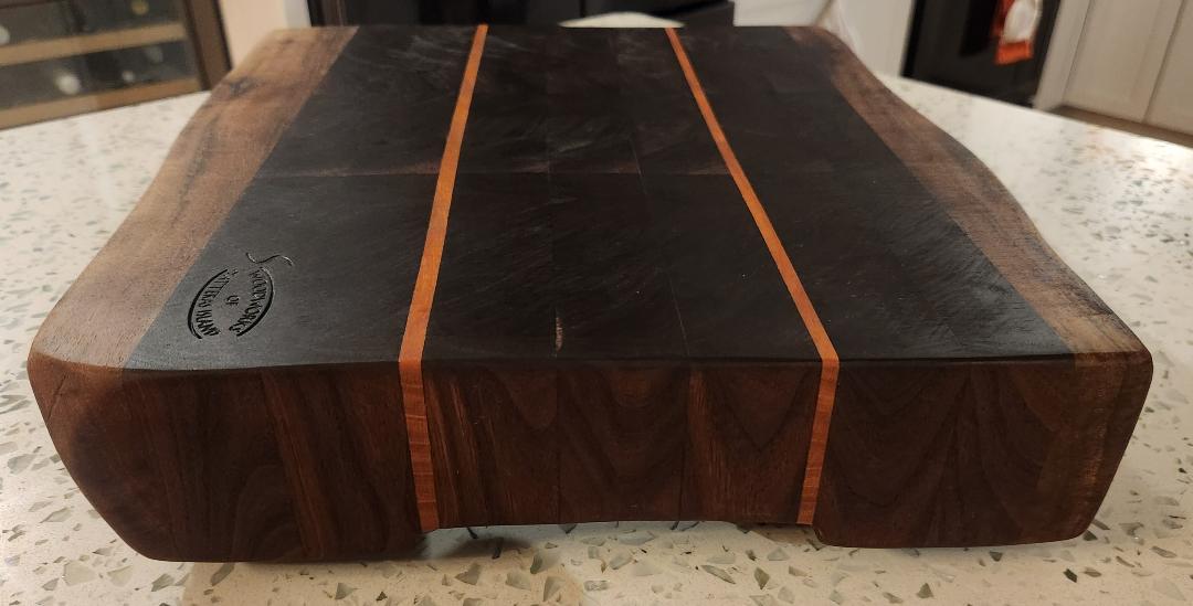 Handcrafted Black Walnut Butcher Block Cutting Board with Cherry Accent Strips & Live Edge