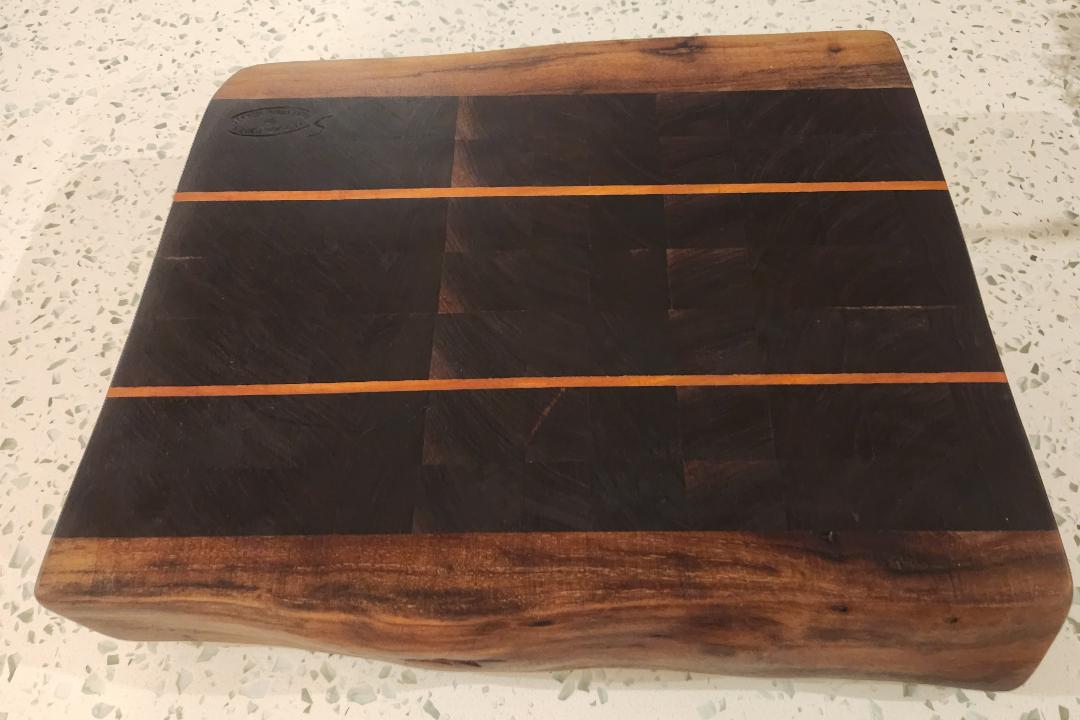 Handcrafted Black Walnut Butcher Block Cutting Board with Cherry Accent Strips & Live Edge