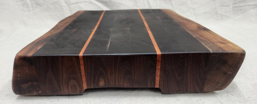 Handcrafted Black Walnut Butcher Block Cutting Board with Cherry Accent Strips & Live Edge