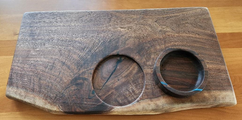 Black Walnut Appetizer Board with Live Edge & Hand-Carved Bowl