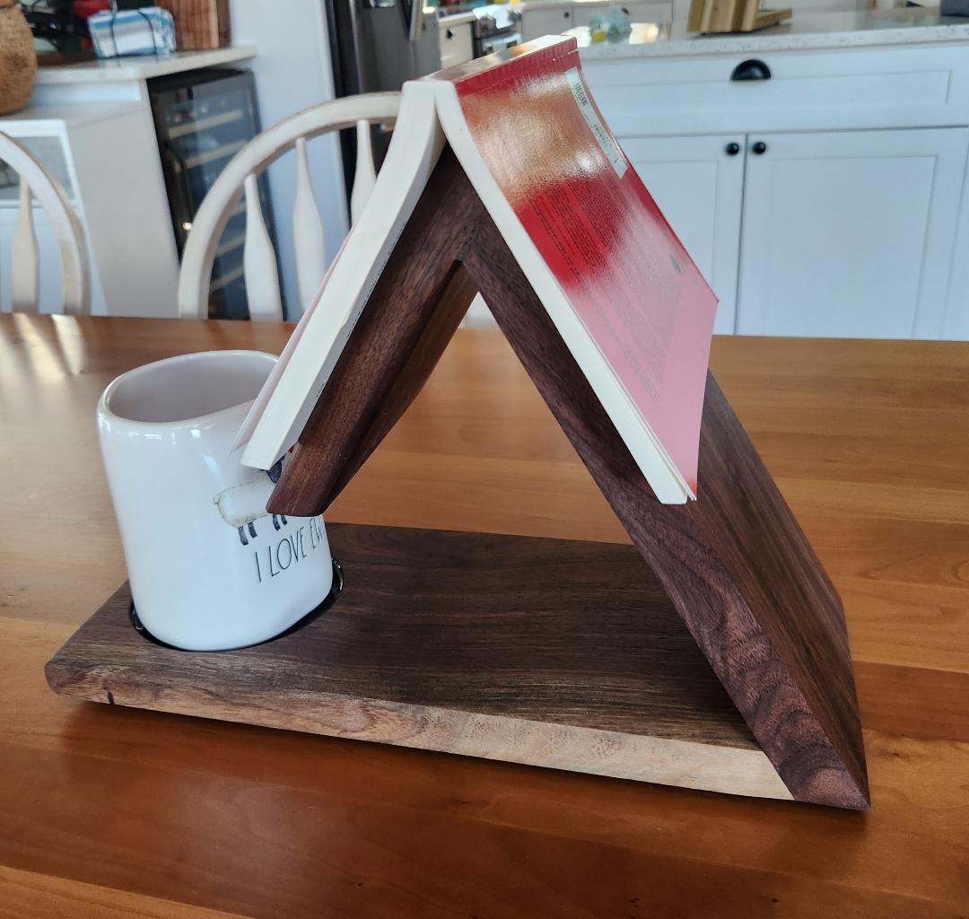 Black walnut book caddy with a cut-out for mugs, handcrafted