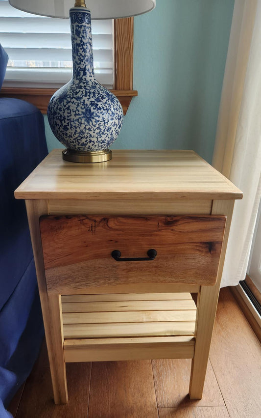 Poplar wood nightstand with pecan live edge trim and pecan live edge draw front, handcrafted